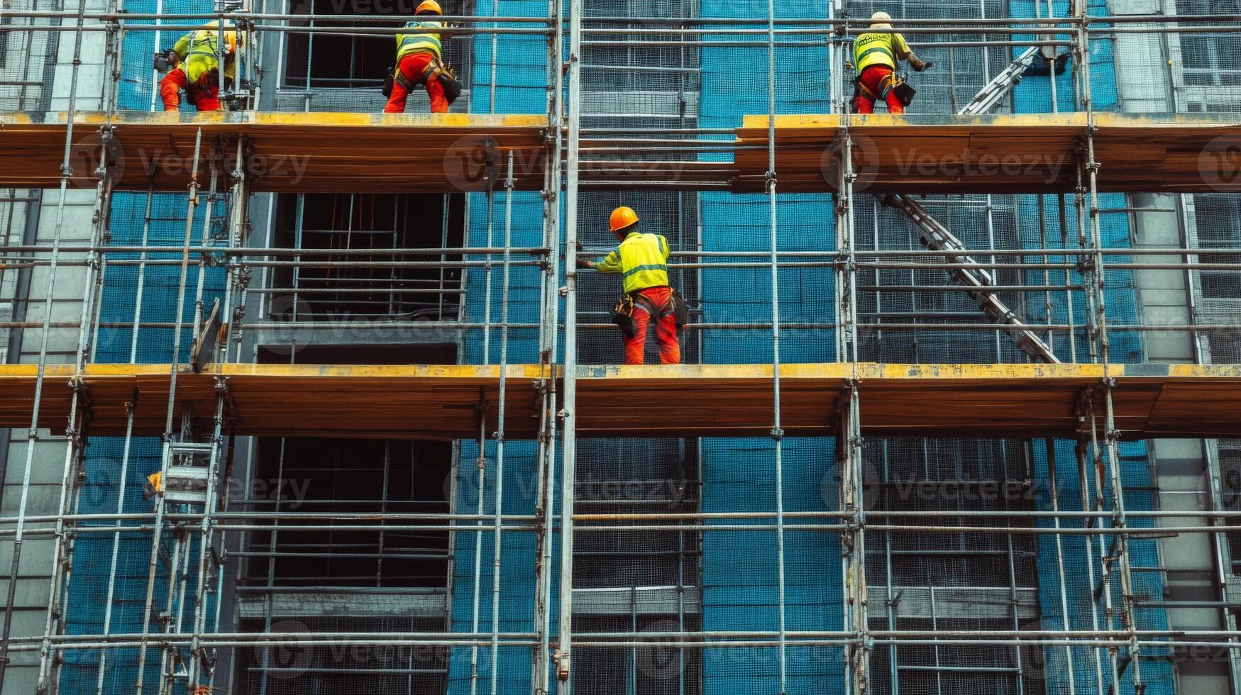 Construction Workers on Scaffolding Working on a Building Facade photo