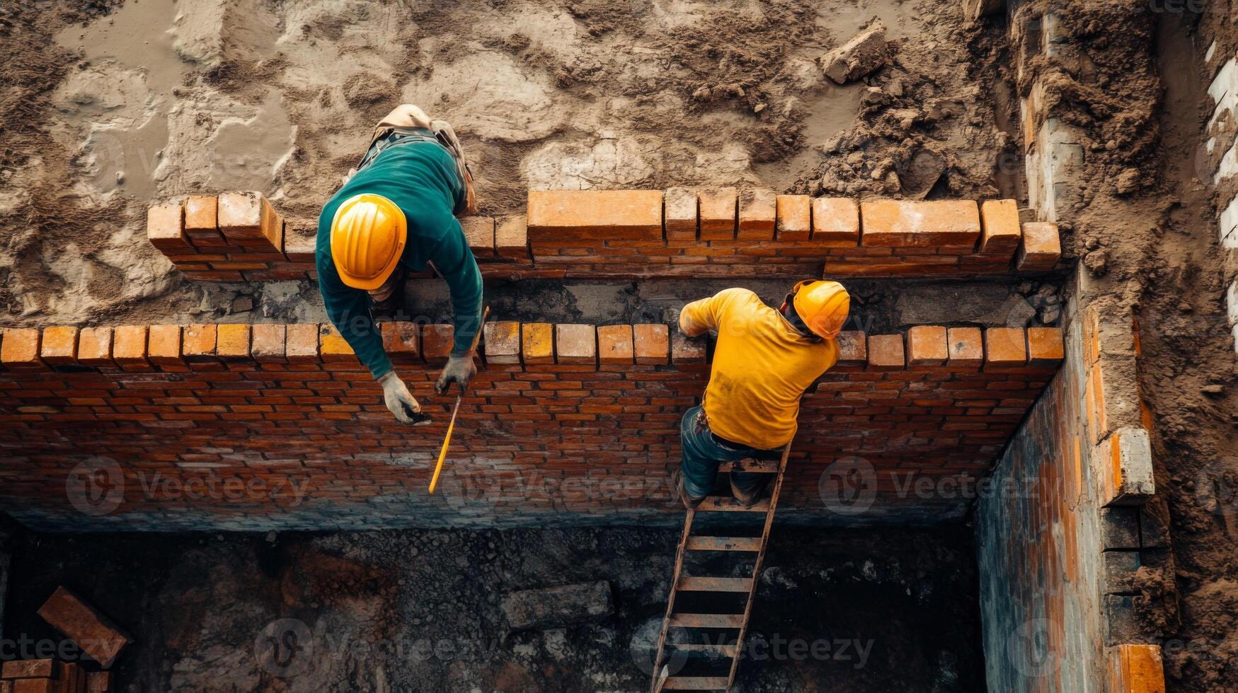 Two Construction Workers Building a Brick Wall photo
