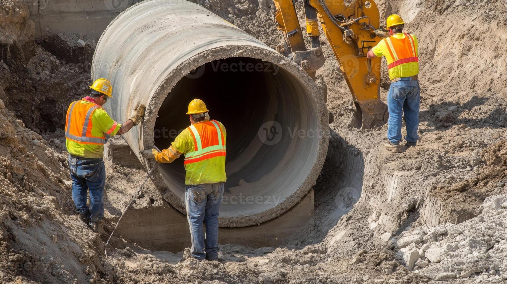 Construction Workers Installing Concrete Pipe in a Trench photo