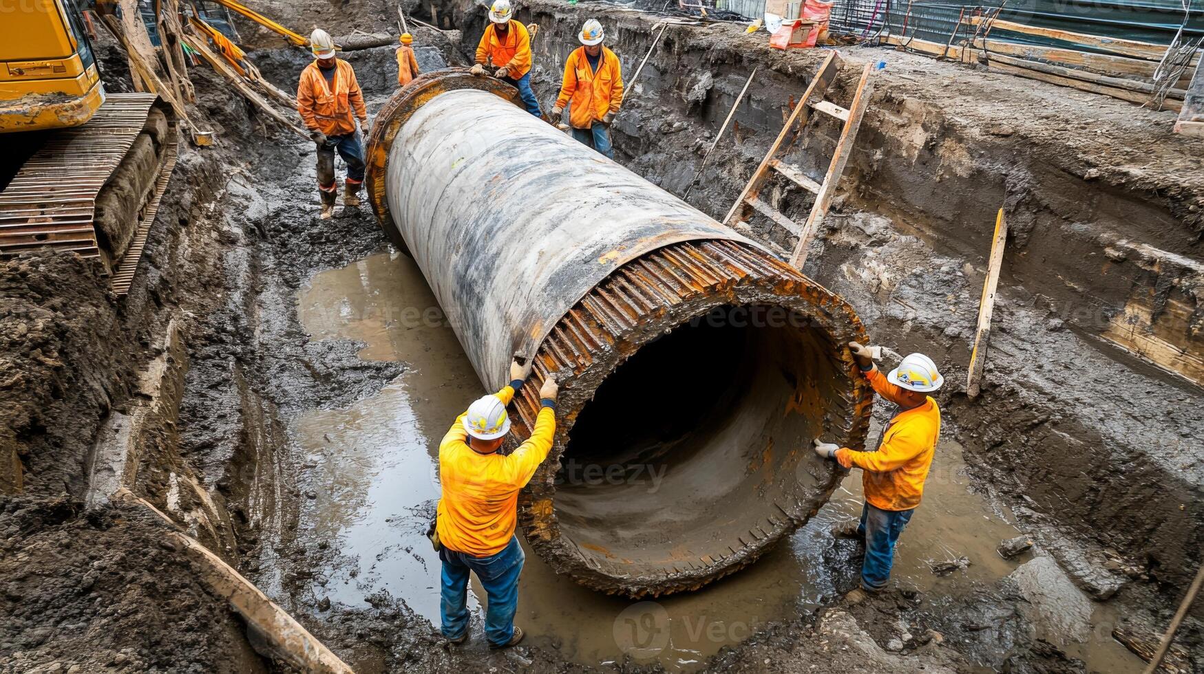 Construction Workers Lowering a Large Pipe into a Trench photo