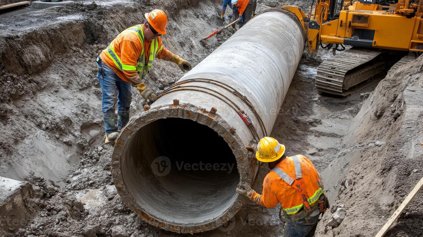 Construction Workers Installing a Large Concrete Pipe photo