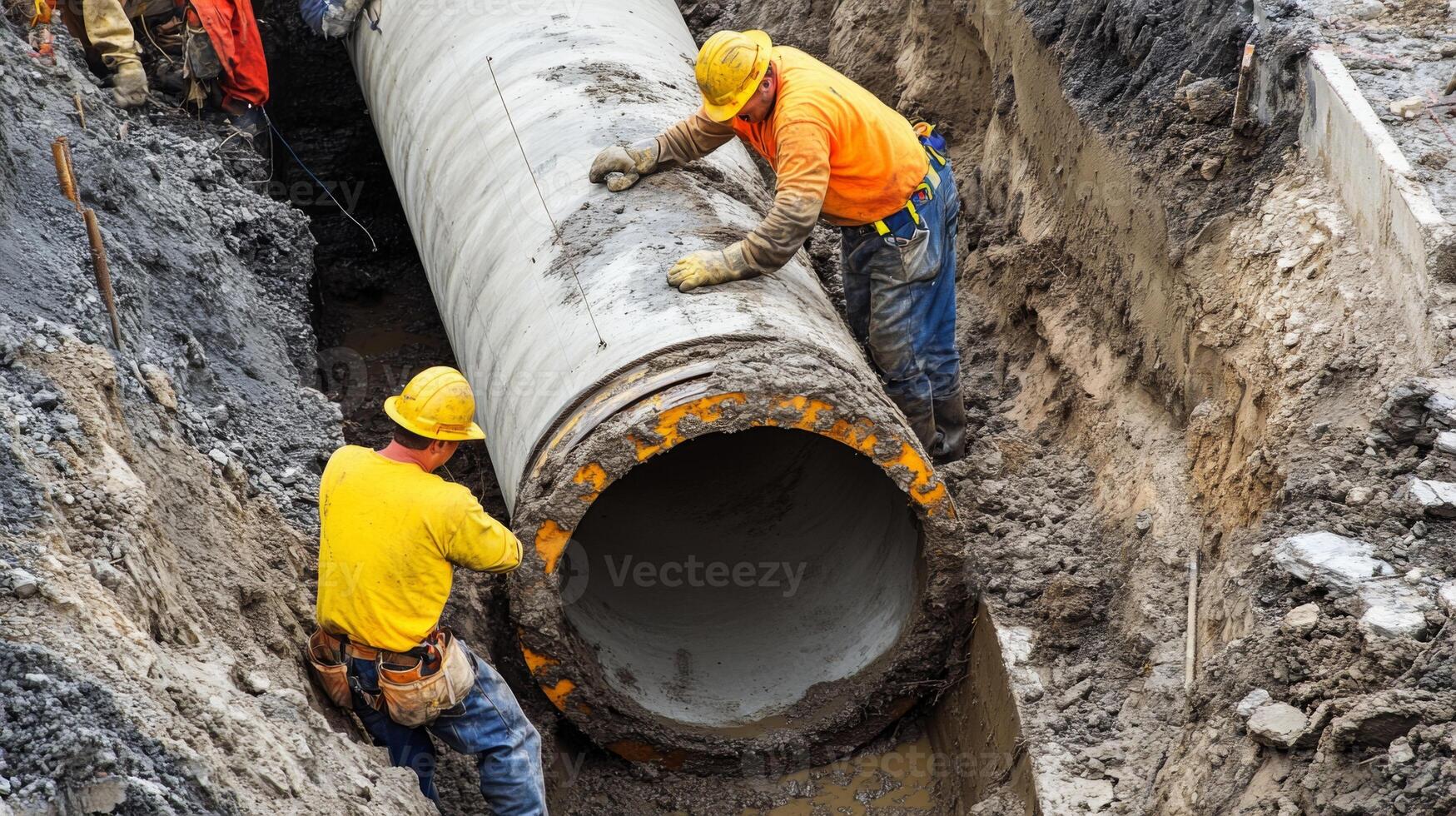 Construction Workers Installing a Large Concrete Pipe photo