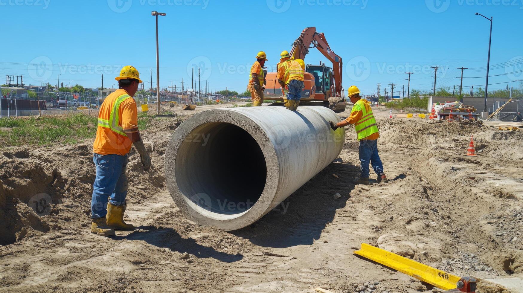 Construction Workers Moving a Large Concrete Pipe with Excavator photo