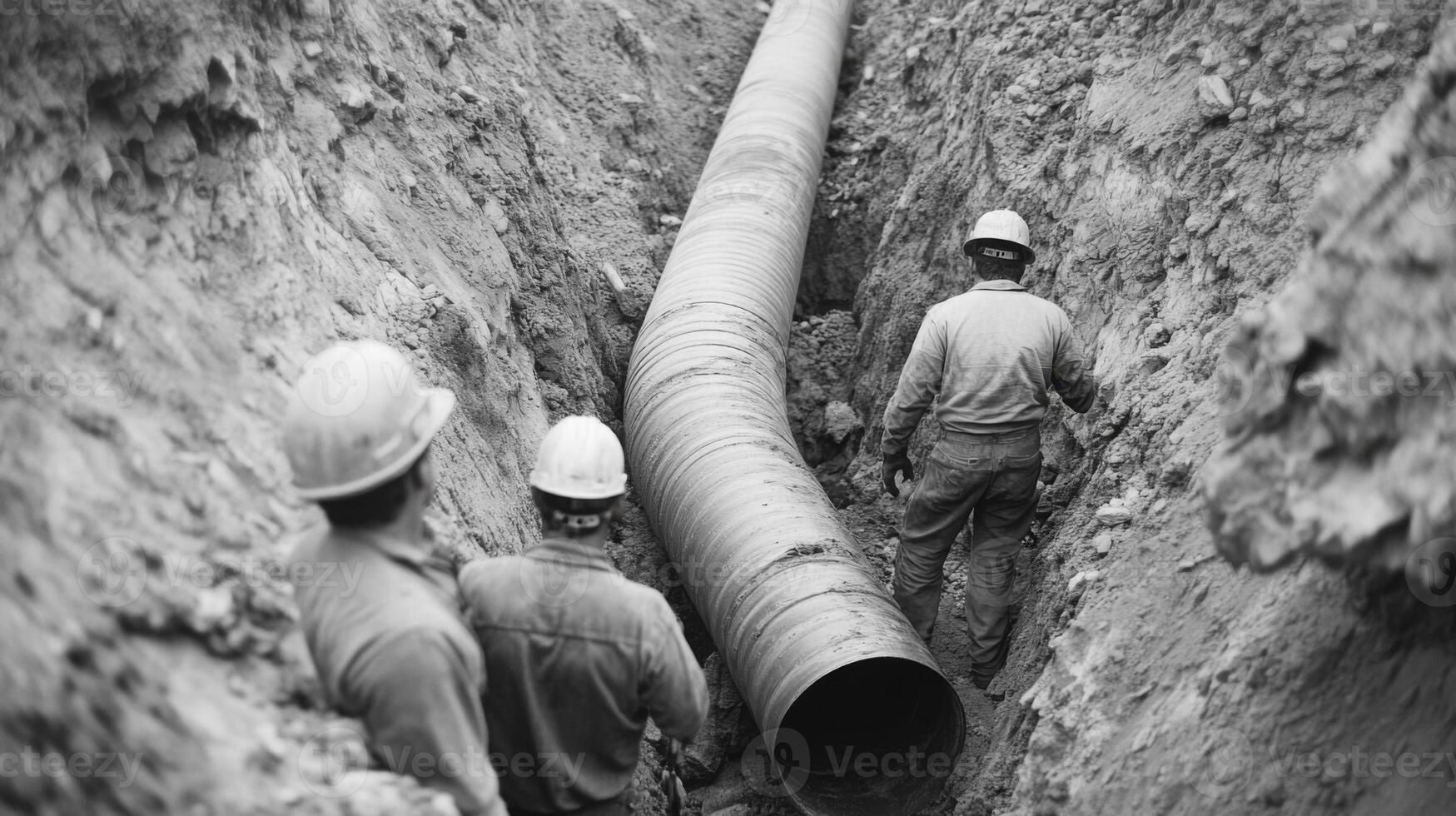 Workers Inspecting a Large Pipe in a Trench photo