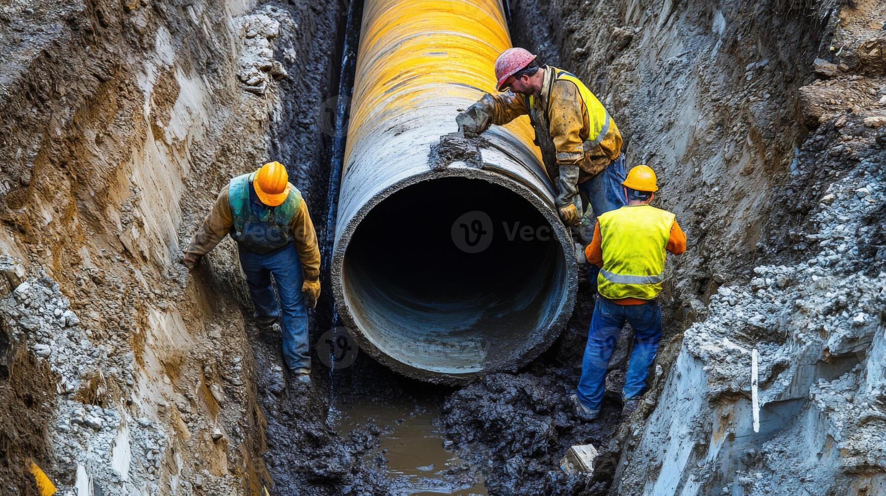 Construction Workers Installing a Large Concrete Pipe in a Trench photo