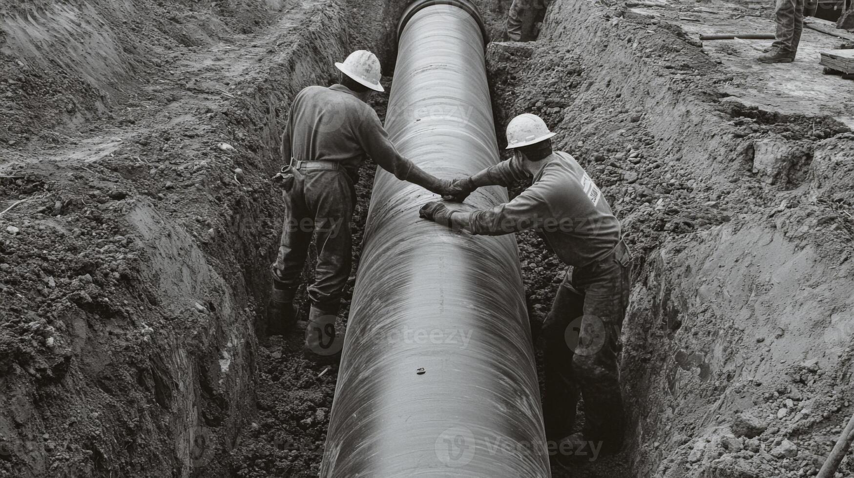 Two Construction Workers Working on a Large Pipe in a Trench photo