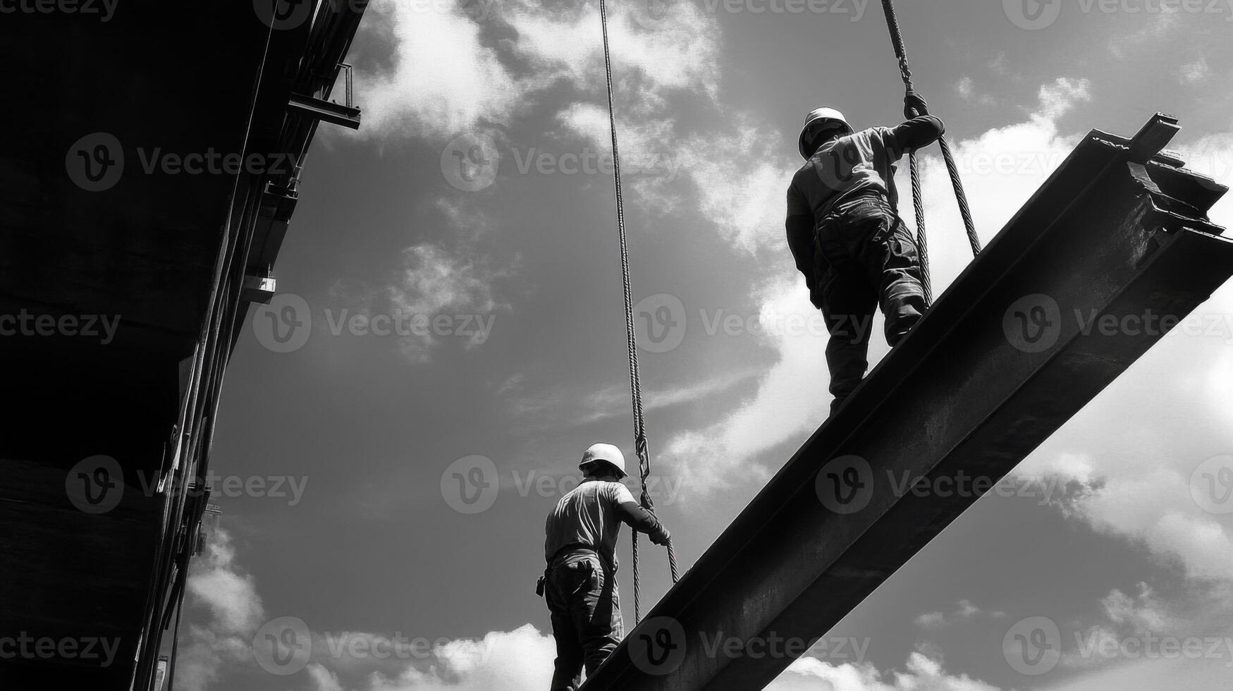Construction Workers Securing a Steel Beam with Ropes photo