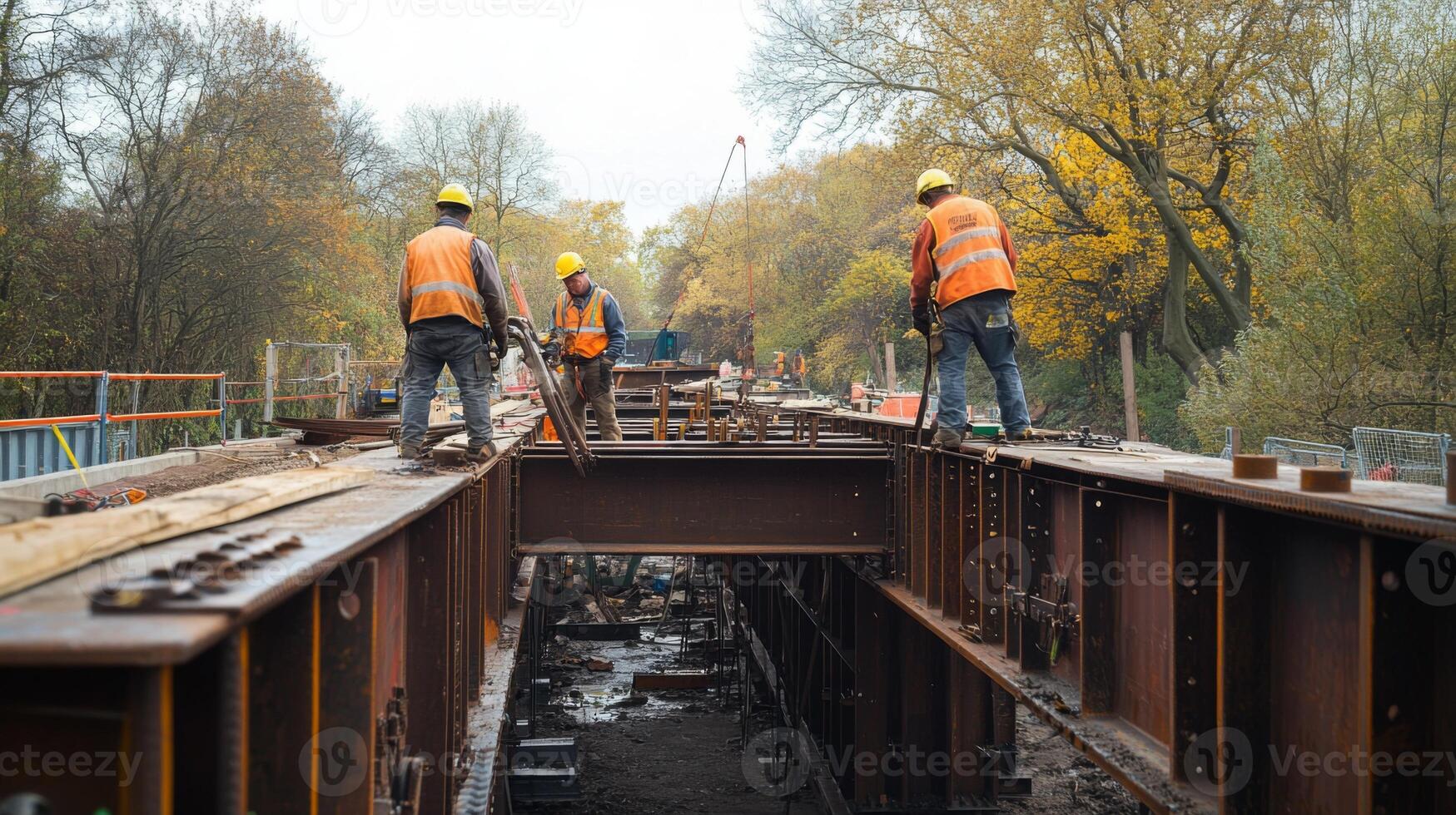 Construction Workers Installing Steel Beams on a Bridge photo