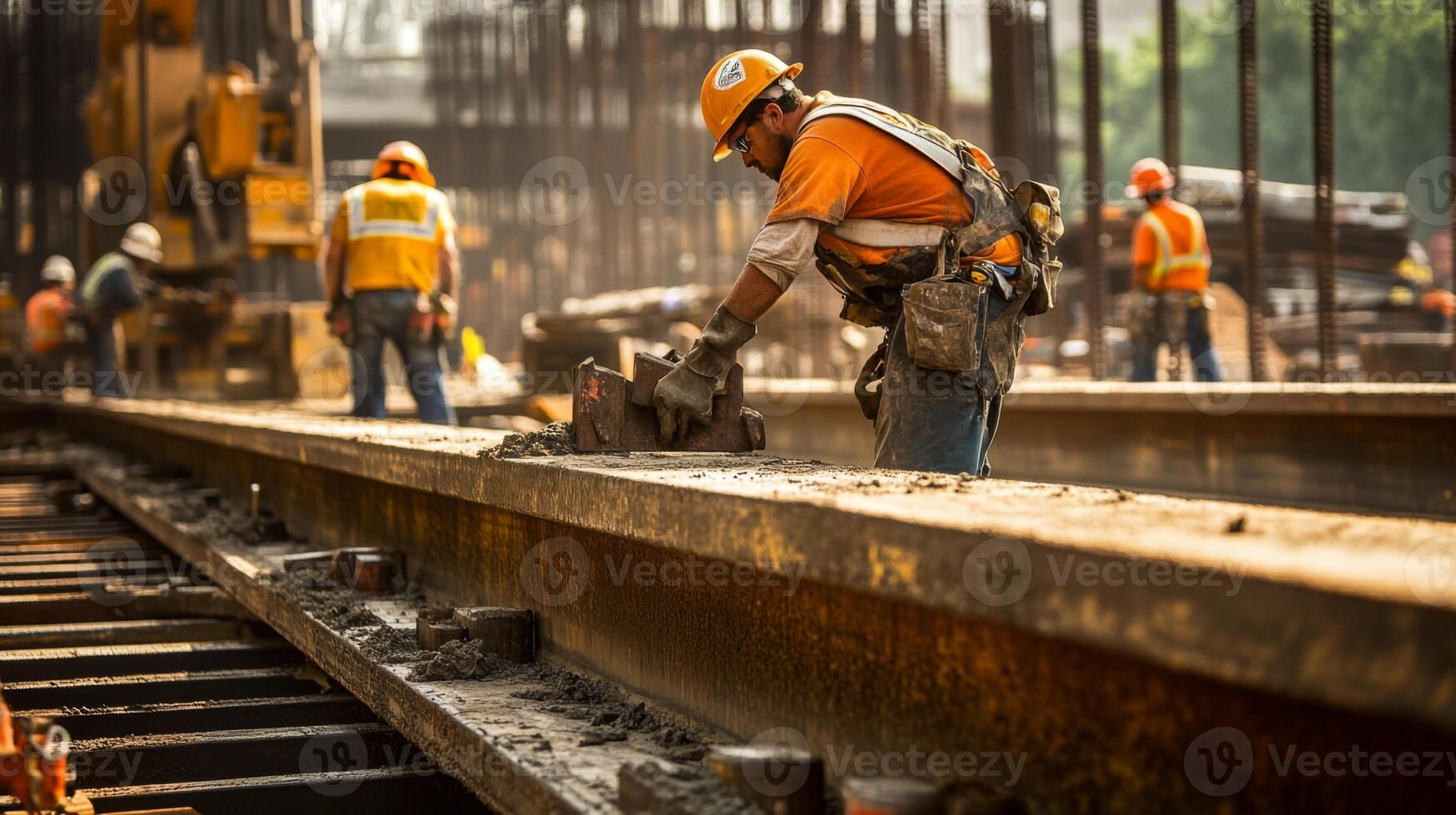 Construction Worker Installing Railroad Tracks photo