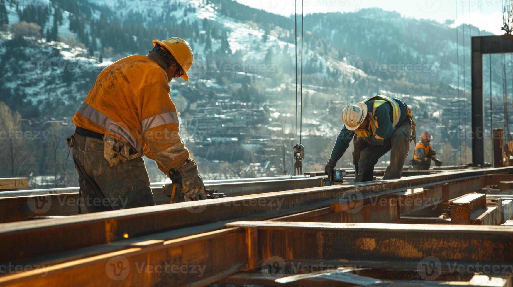 Construction Workers Welding Steel Beams on a Mountainside photo