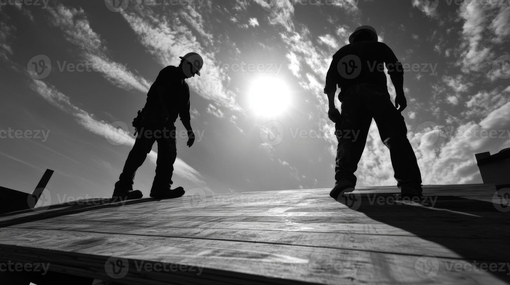 Two Construction Workers Silhouetted Against a Cloudy Sky photo