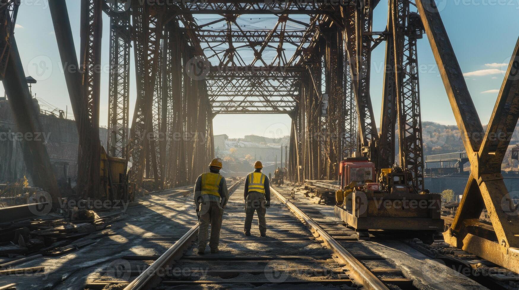 Two Workers Walking on Railroad Tracks Under a Rusty Bridge photo