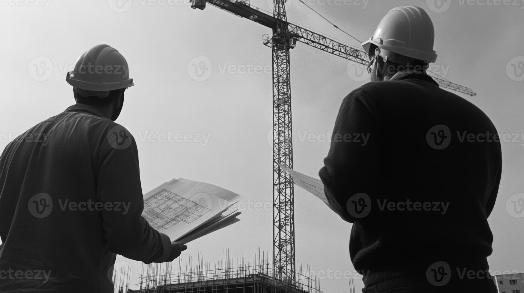 Two Construction Workers Reviewing Plans in Front of Crane photo