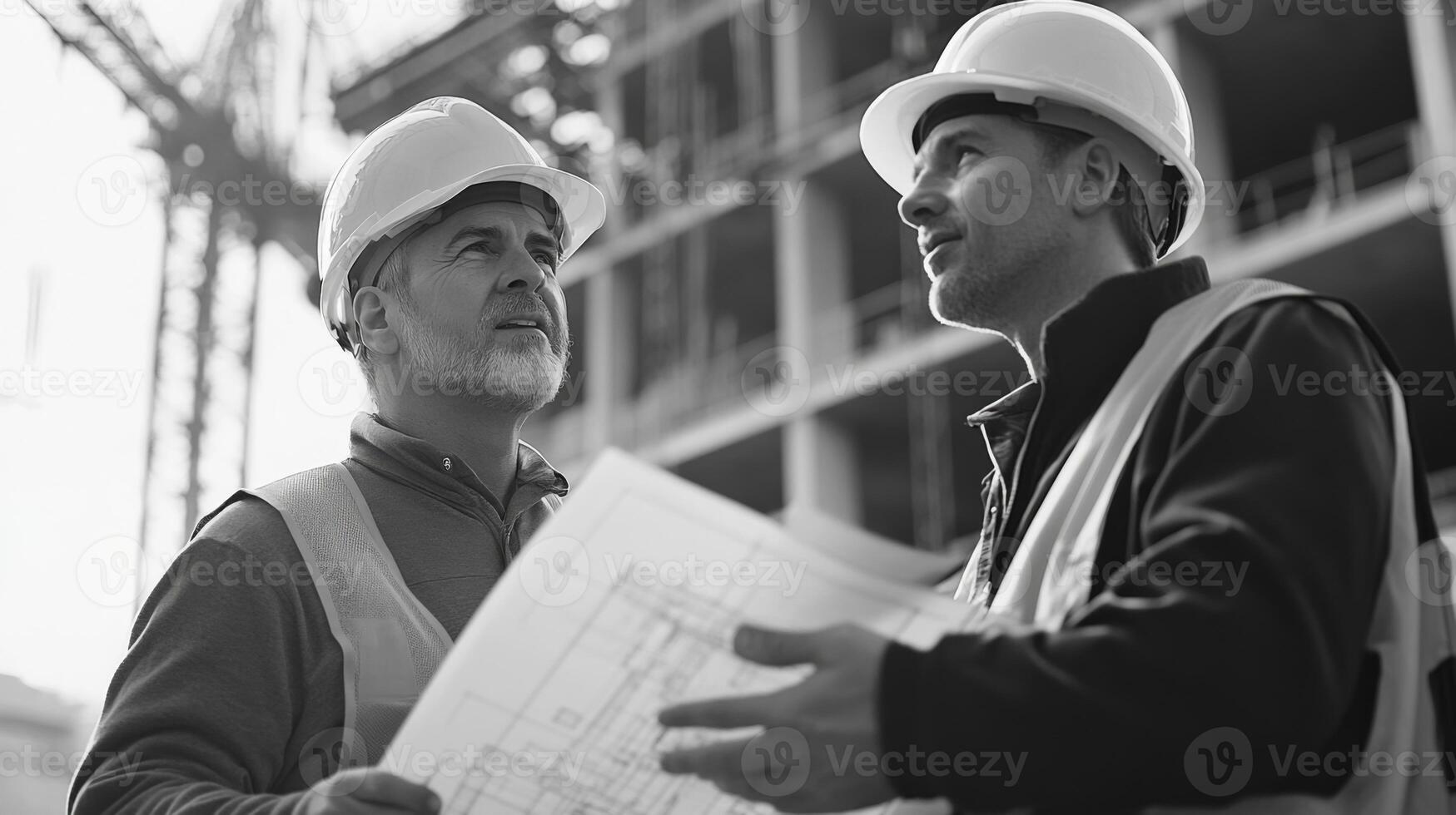 Two construction workers in hard hats discuss blueprints on a construction site photo