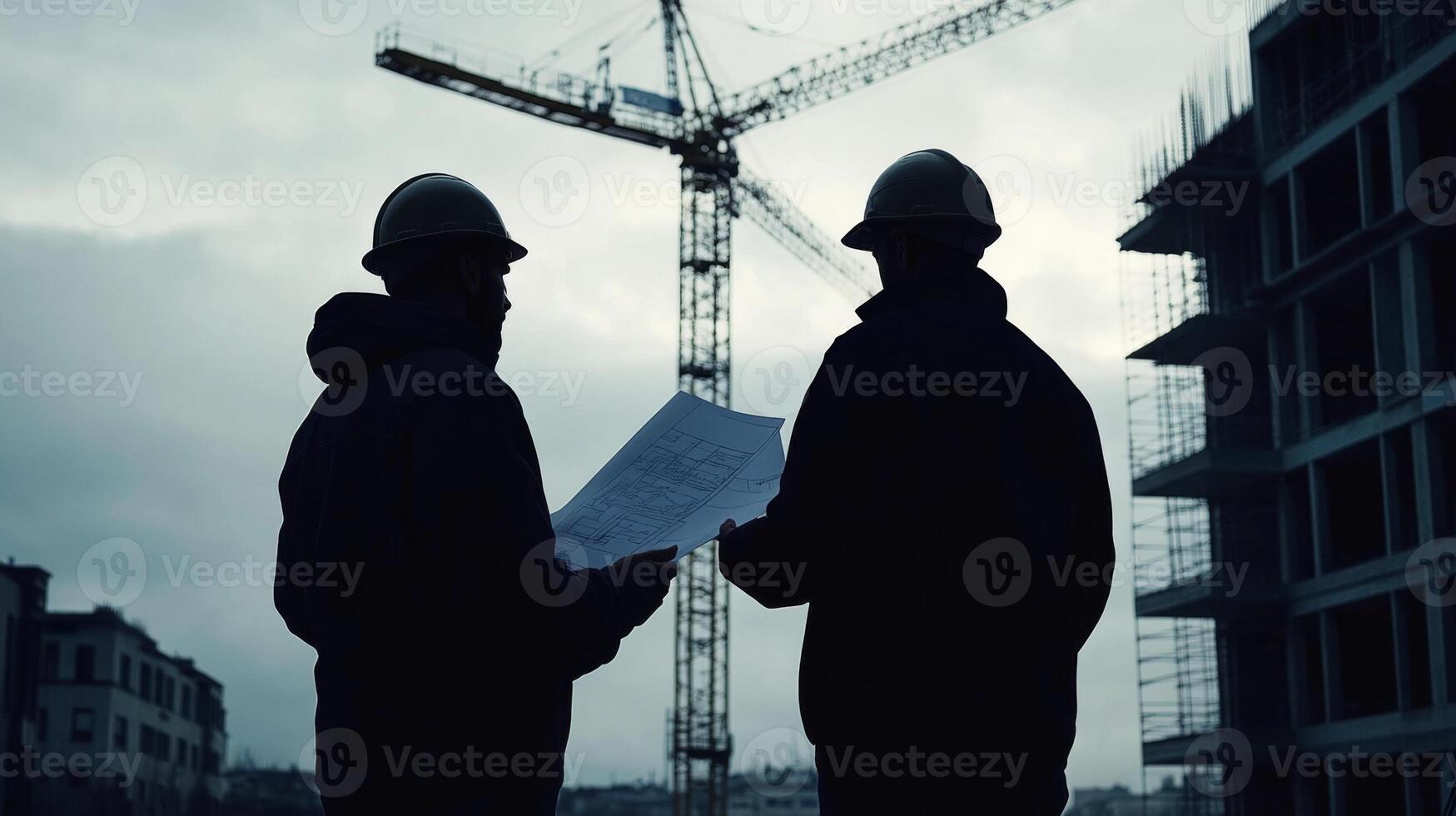 Two Construction Workers Reviewing Blueprints Against Cloudy Sky photo