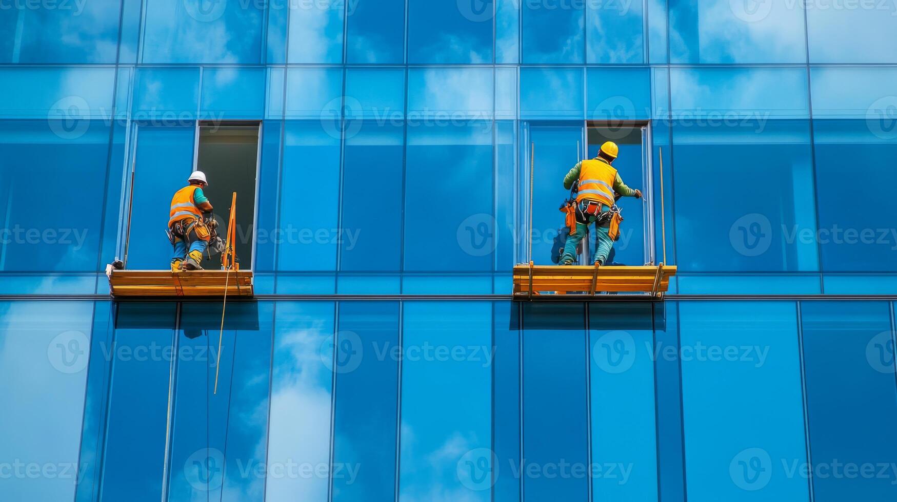 Two Construction Workers on Suspended Platforms Cleaning Windows of a Modern Glass Building photo
