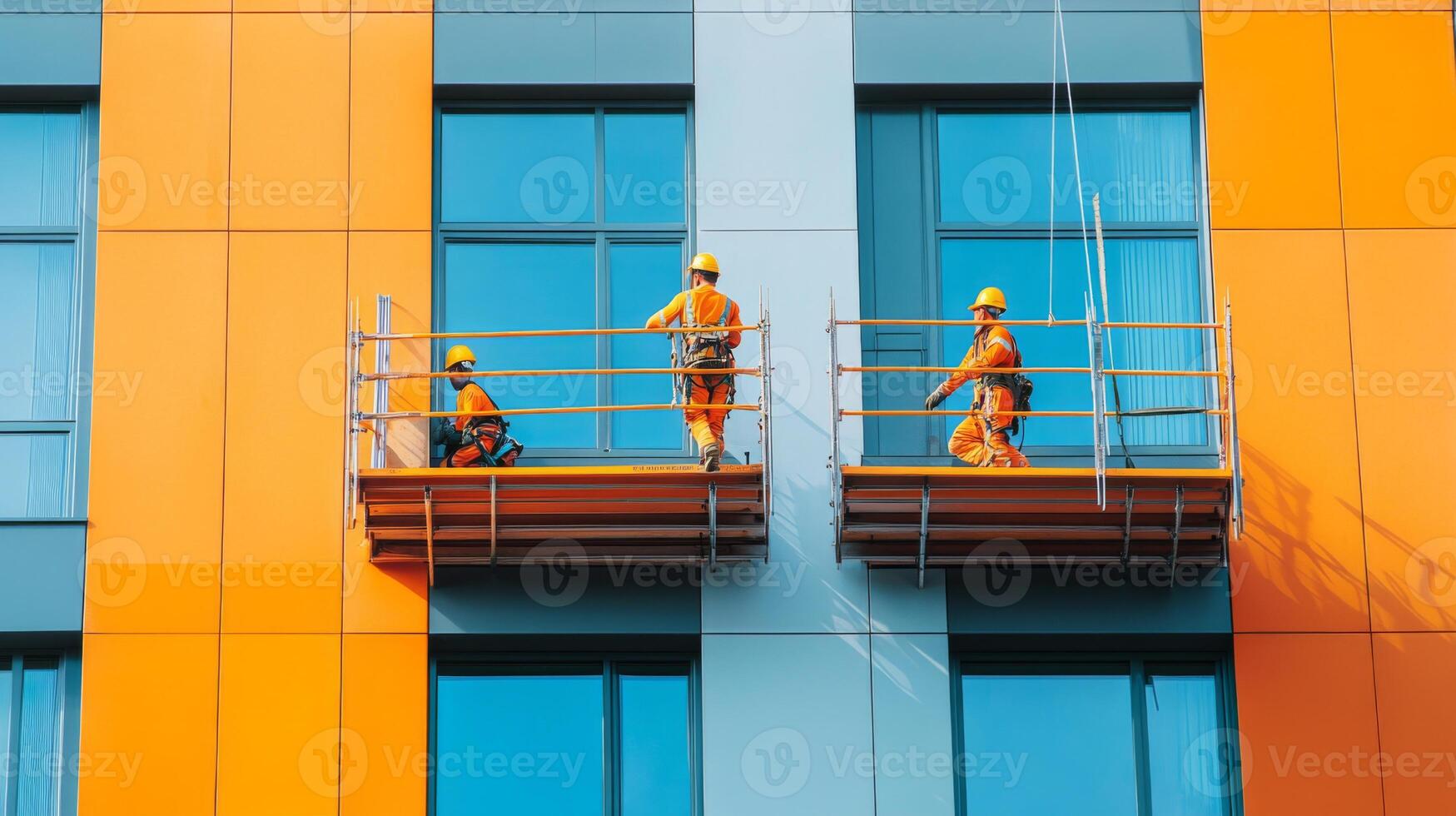 Construction Workers on Scaffolding Cleaning Windows of a Modern Building photo