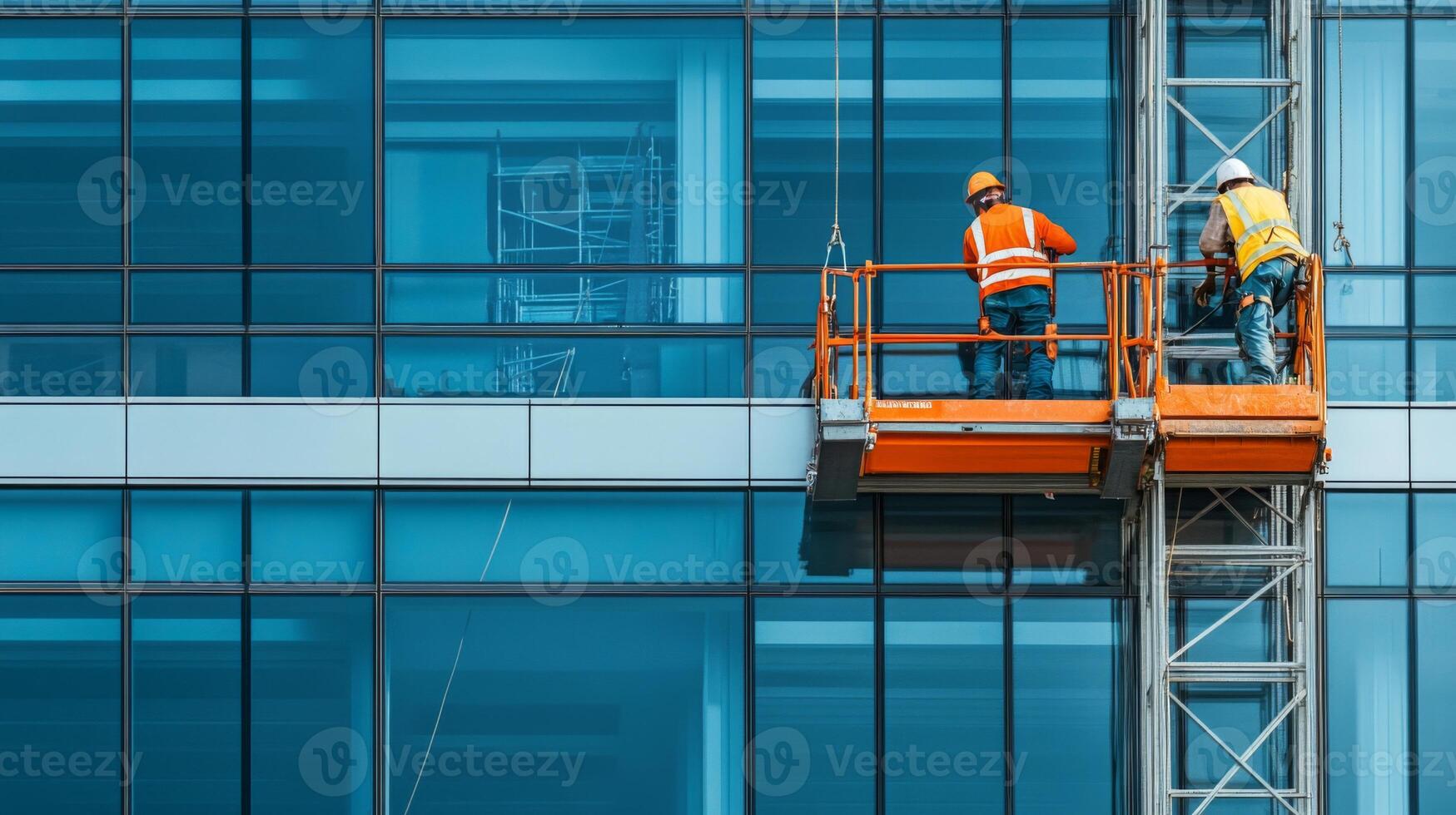 Two Construction Workers in a Suspended Platform Cleaning a Tall Glass Building photo