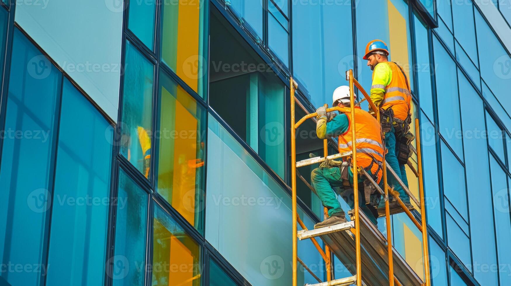 Construction Workers on Scaffolding Installing Windows on Modern Building photo