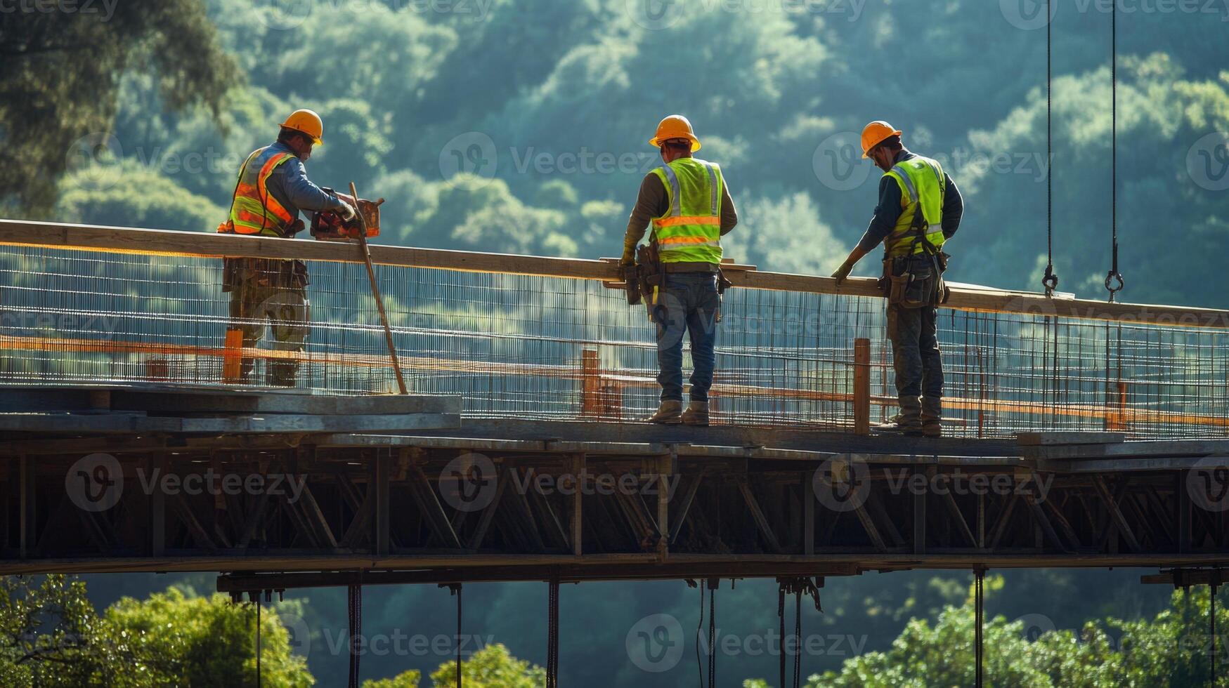 Construction Workers on a Bridge Overlooking a Forest photo