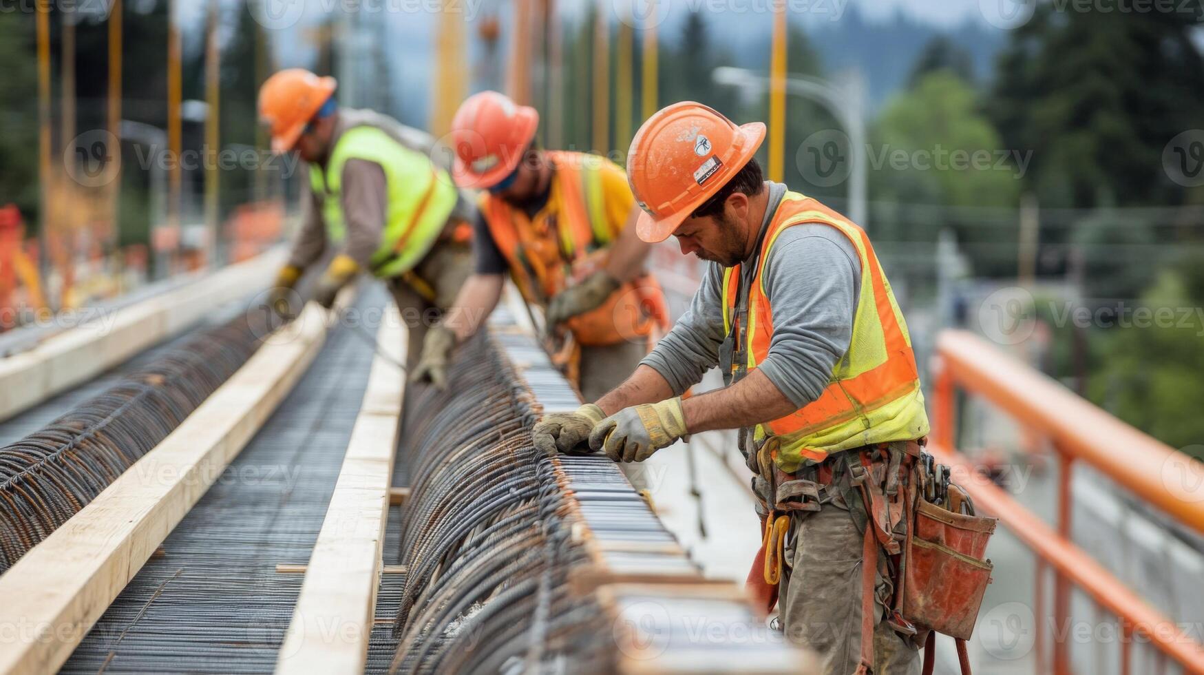 Construction Workers Installing Rebar on a Bridge photo