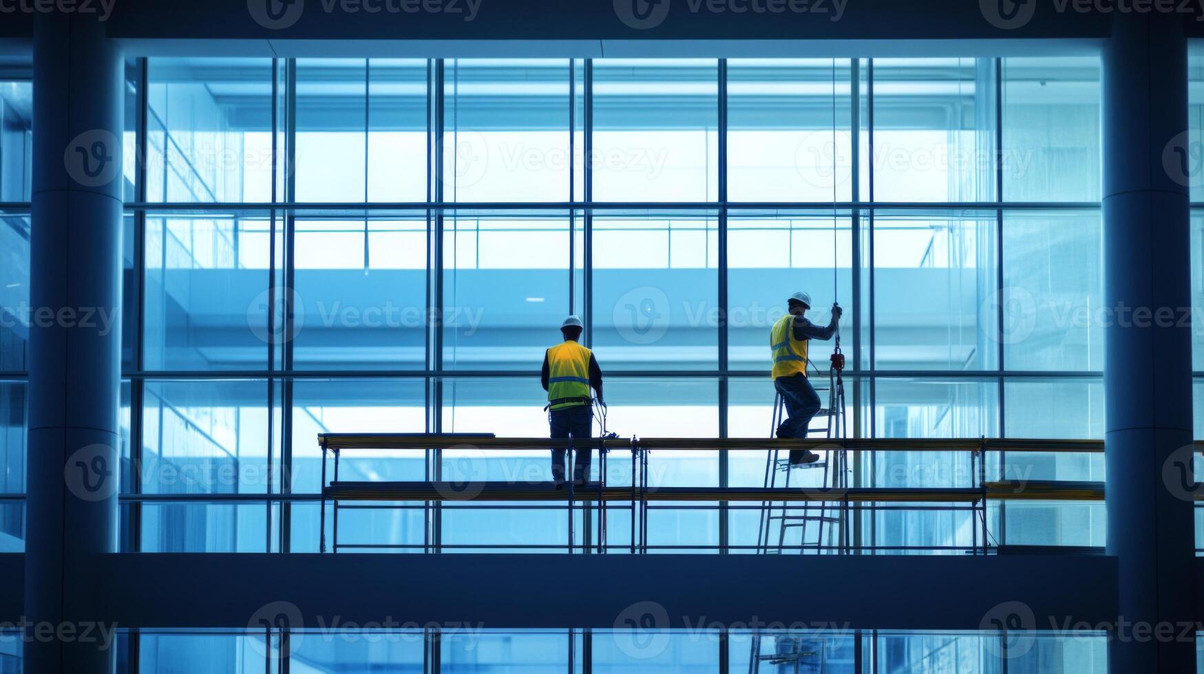 Two Construction Workers on a Scaffolding Platform Inside a Modern Building photo
