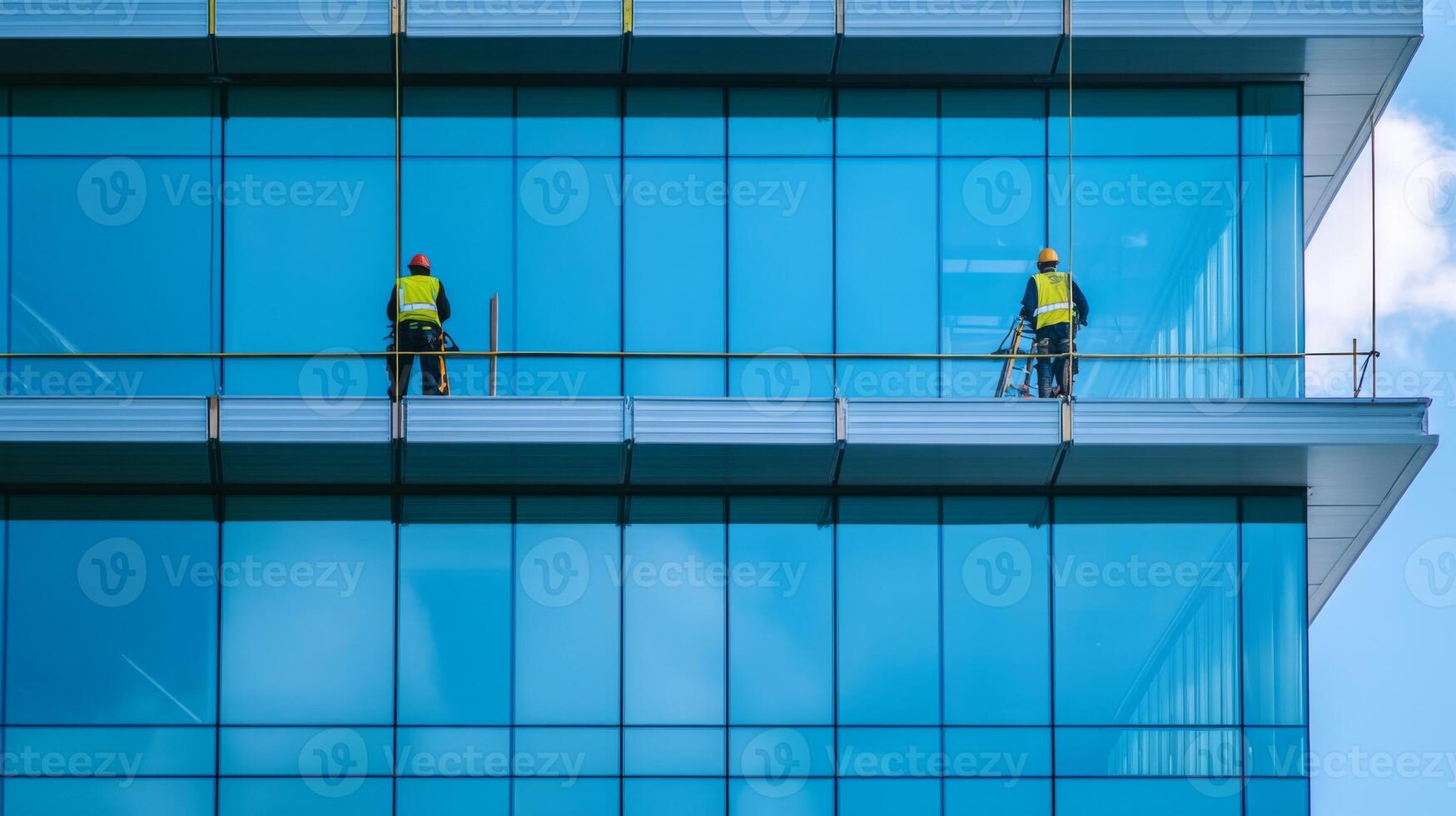 Two Construction Workers on a Scaffolding Platform Outside a Modern Glass Building photo