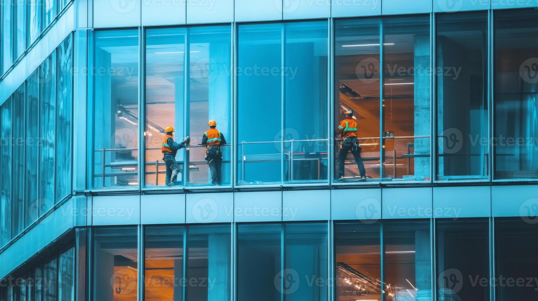 Construction Workers Installing Windows on a Modern Office Building photo