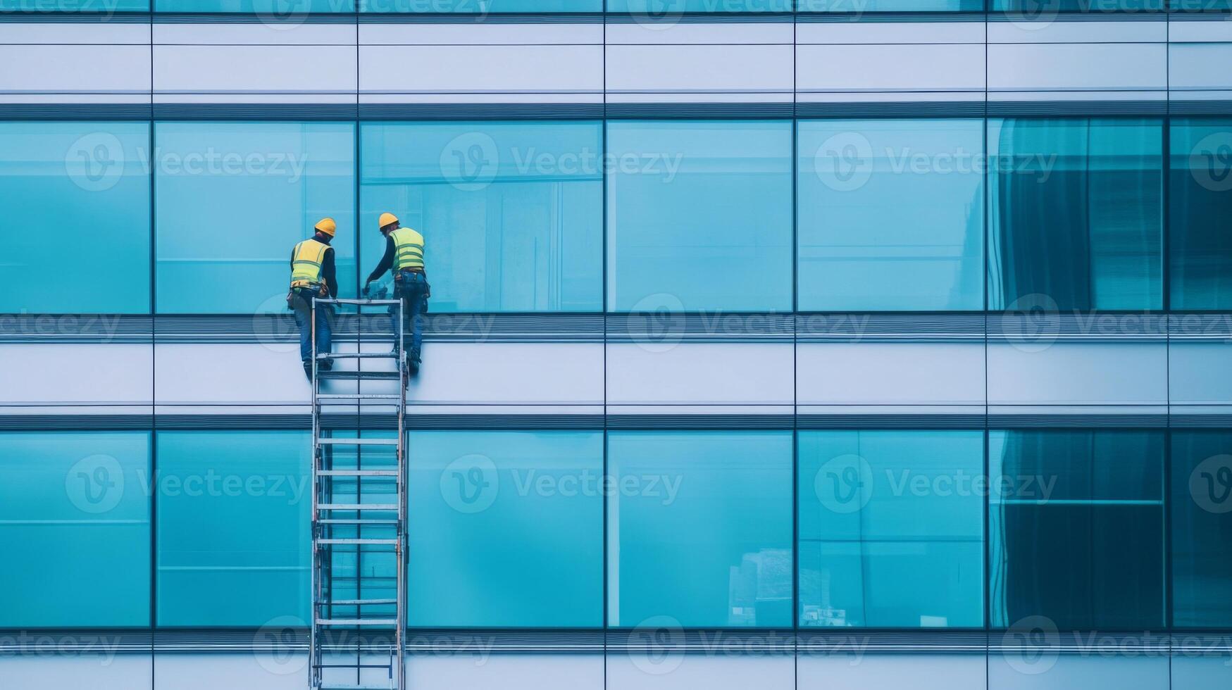 Two Construction Workers on a Ladder Cleaning Windows of a Modern Building photo