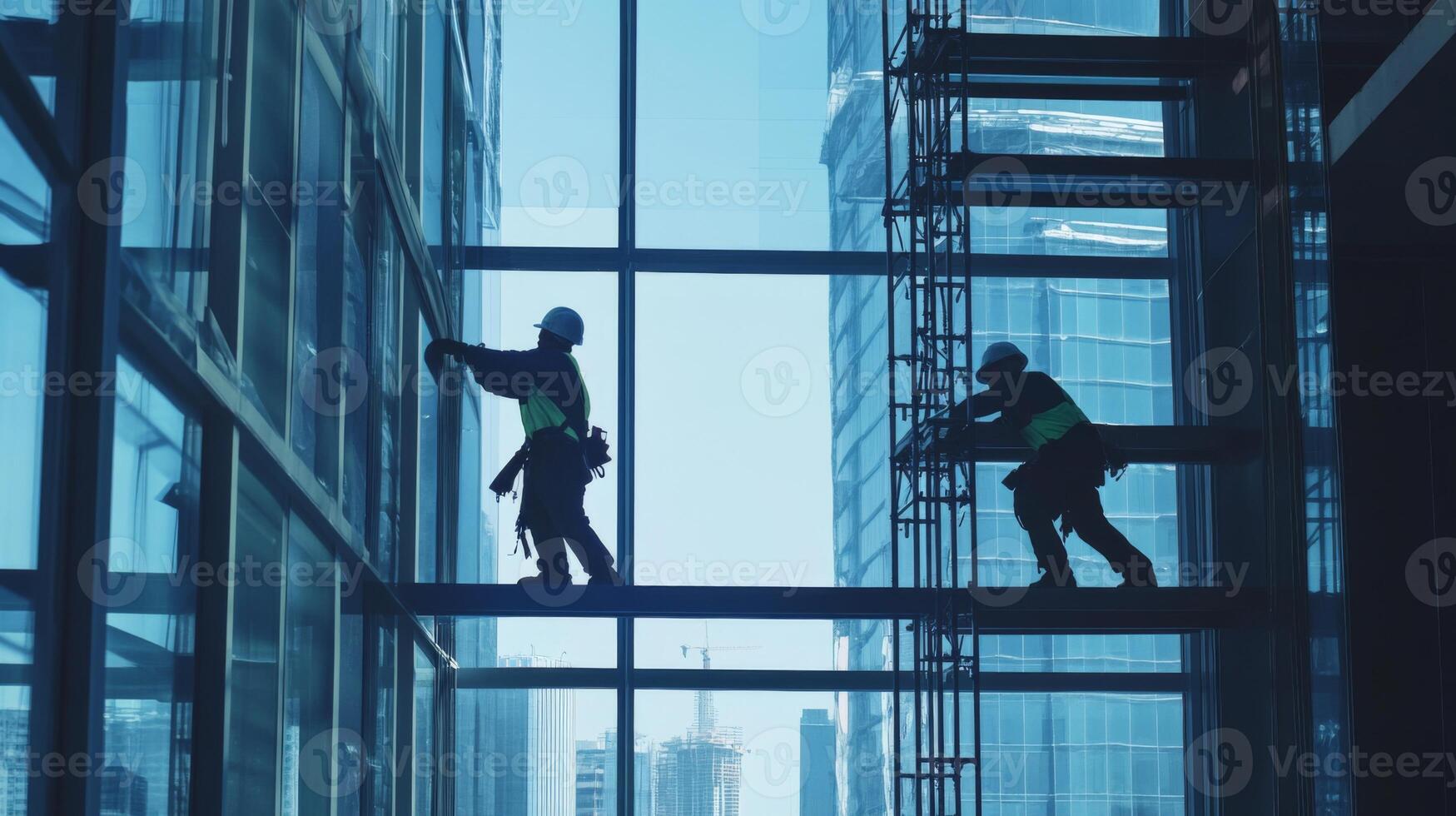 Two Silhouetted Construction Workers Cleaning Windows on a Skyscraper photo