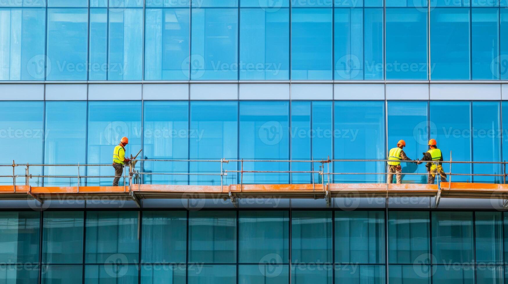 Construction Workers on Scaffolding Cleaning Windows of Modern Office Building photo