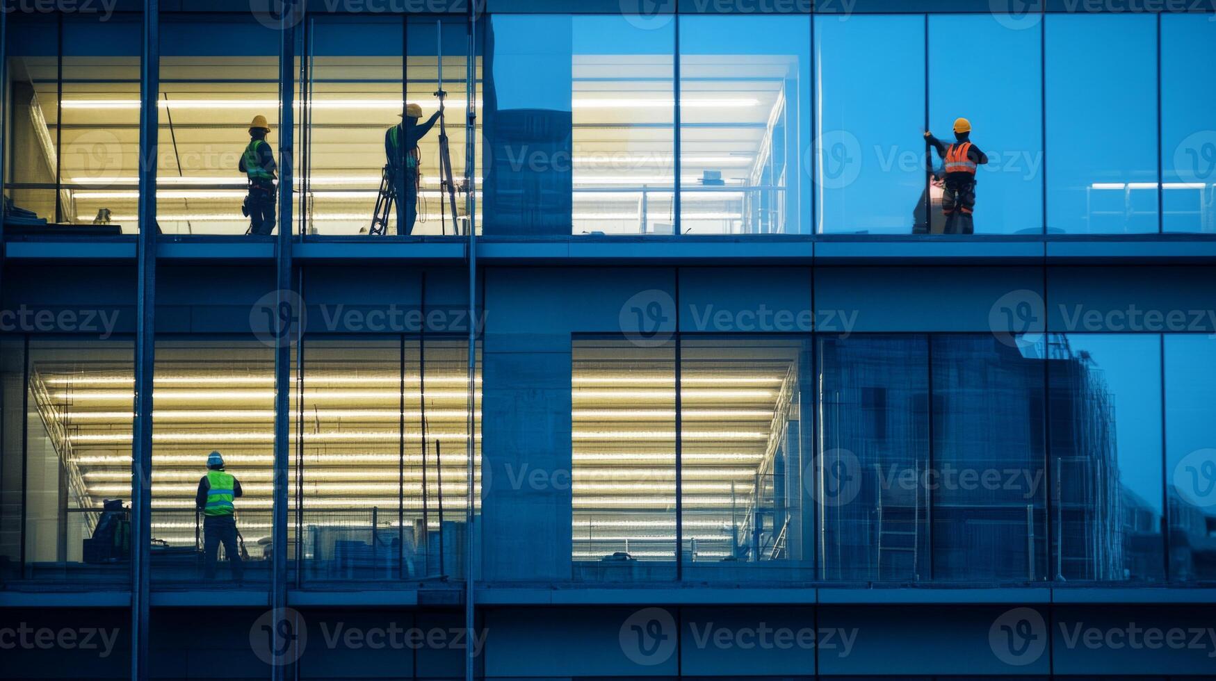Construction Workers on a High-Rise Building at Dusk photo