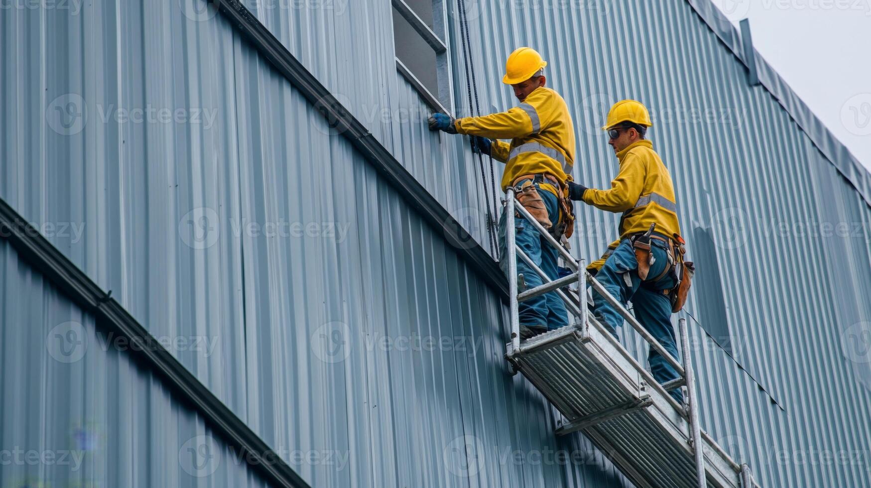 Two Construction Workers on a Scaffolding Platform Working on a Building's Exterior photo