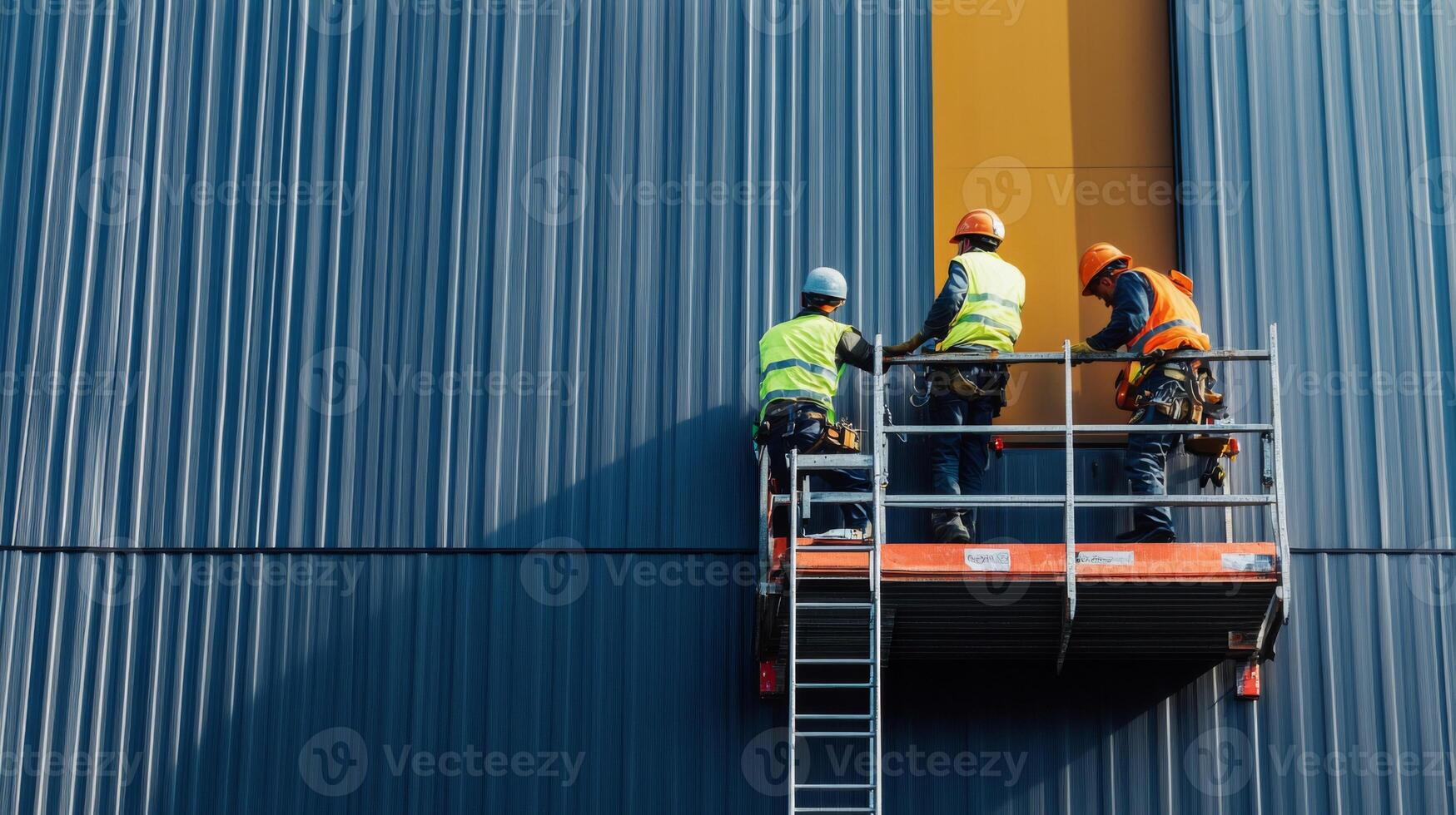 Construction Workers on a Lift Platform Working on a Building Wall photo