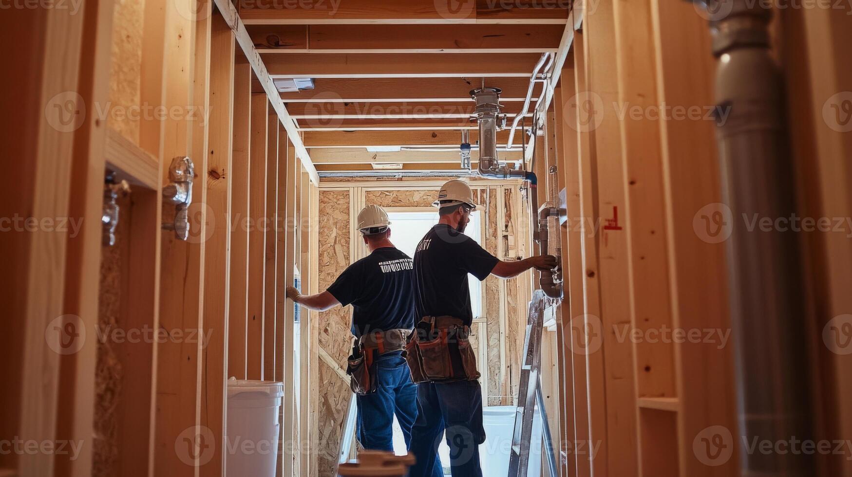 Two Construction Workers in a Partially Built Home photo