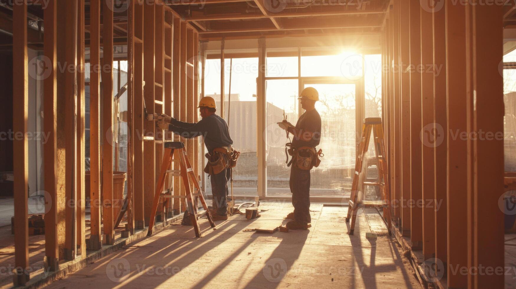 Two Construction Workers Building a New Home With Wooden Frames photo