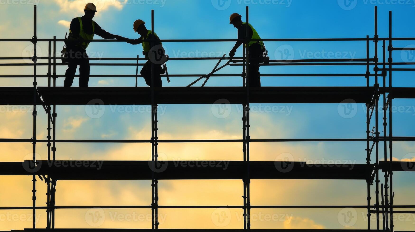 Silhouetted Construction Workers on Scaffolding Against a Sunset Sky photo