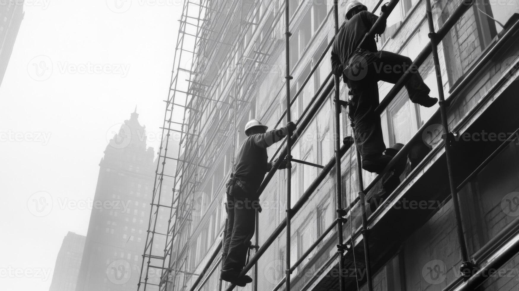 Two Workers on Scaffolding Against a Brick Building photo