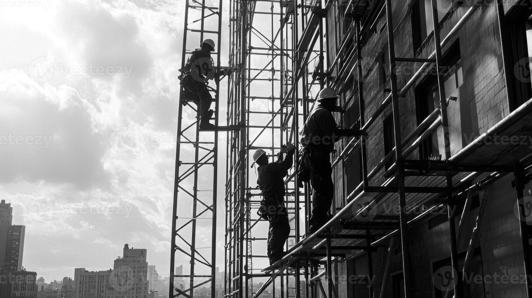 Construction Workers on Scaffolding Working on a Building photo