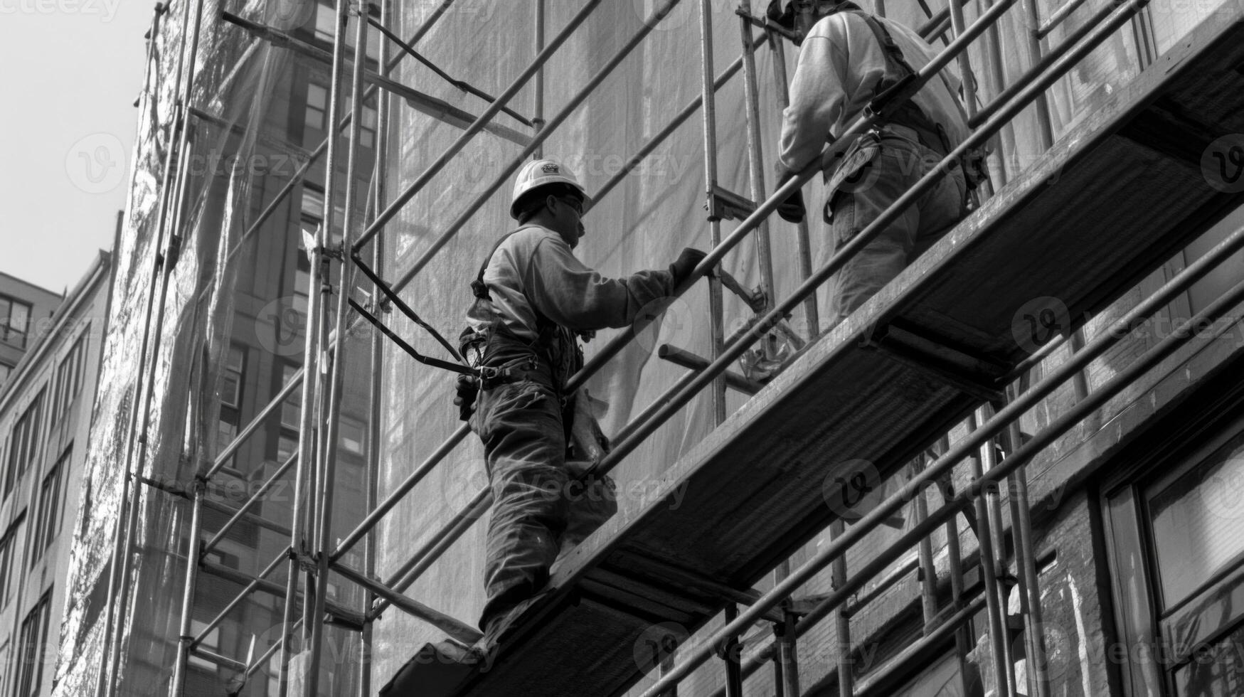 Two Construction Workers on Scaffolding During a Renovation photo