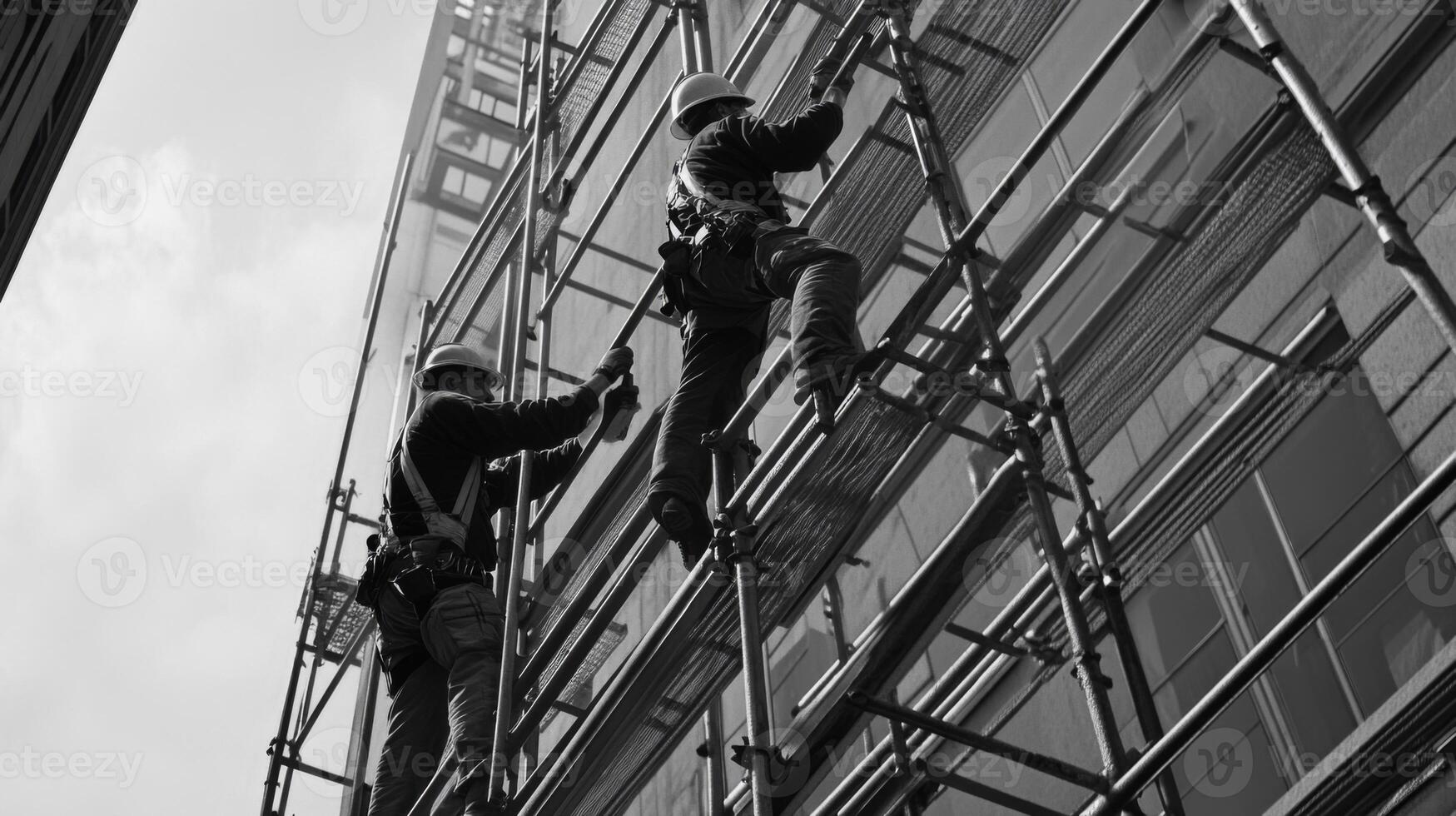 Two Construction Workers on Scaffolding Working on a Building photo