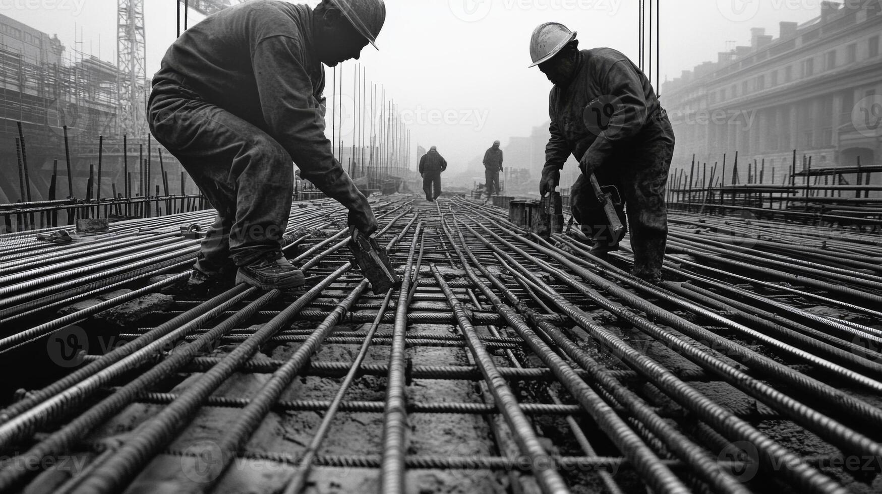 Construction Workers Laying Rebar for a Concrete Structure photo