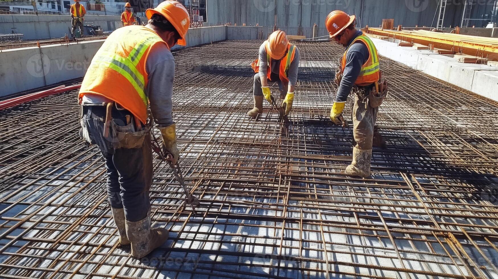 Construction Workers Securing Rebar Grid for Concrete Pour photo