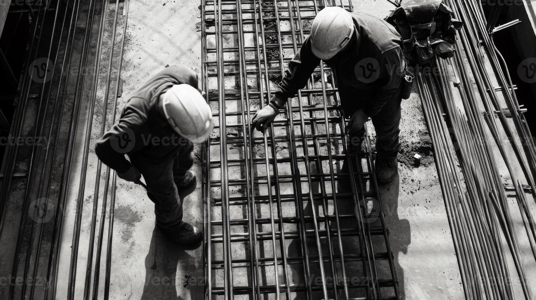 Two Construction Workers Inspecting a Rebar Grid photo