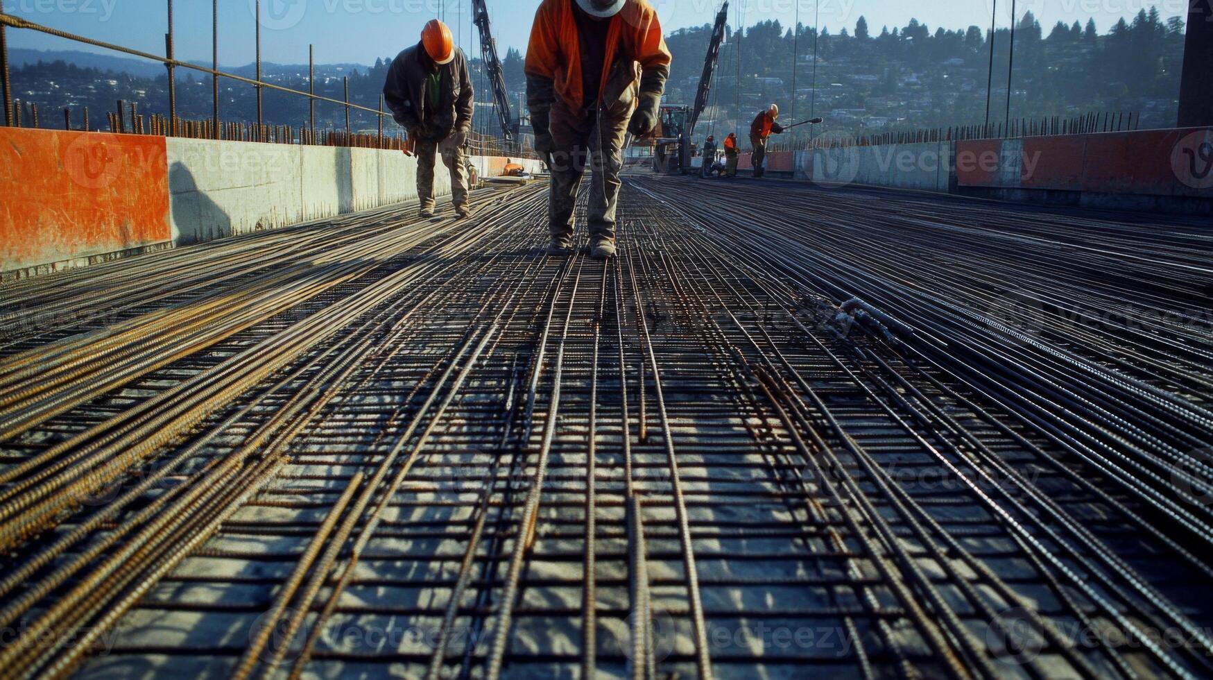 Construction Workers on a Bridge with Rebar Grid photo