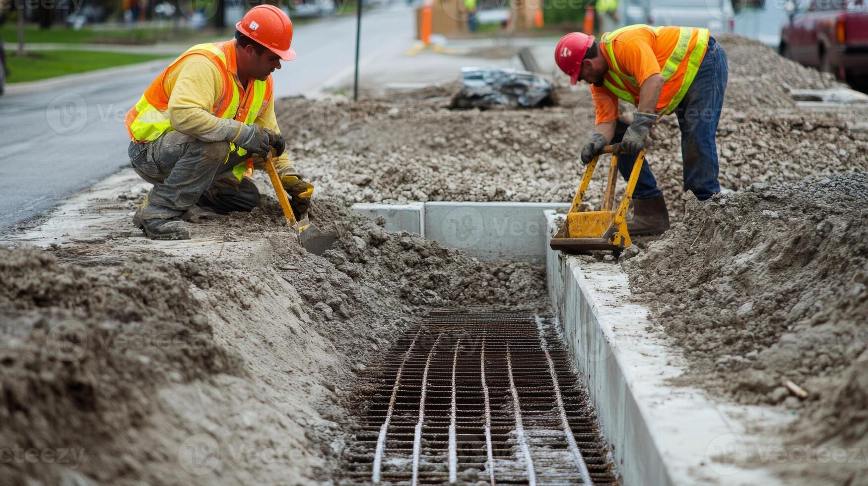 Construction Workers Using Equipment to Dig a Trench in a Roadside photo