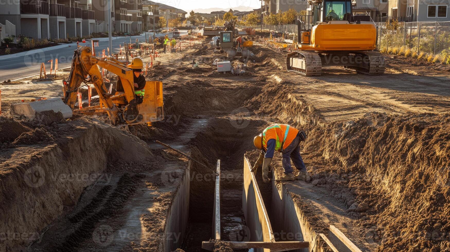 Construction Workers Digging Trench for Utility Lines in Residential Area photo