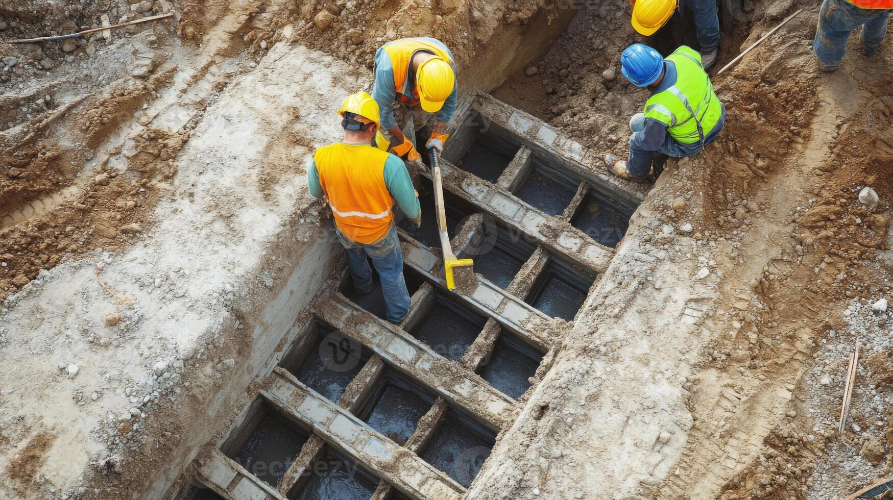 Construction Workers Building a Concrete Structure in a Trench photo