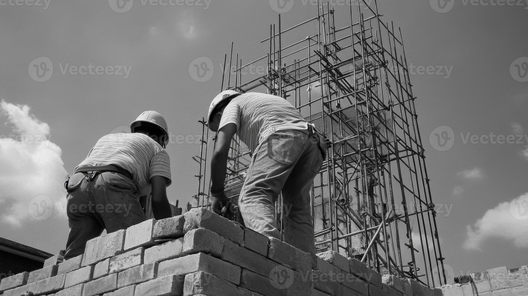 Two Construction Workers Building a Brick Wall photo