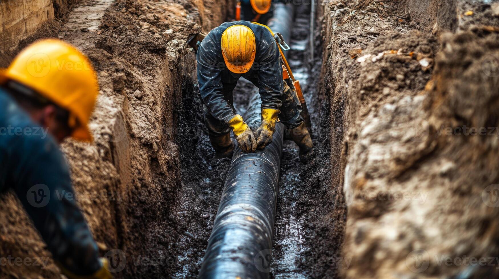 Construction Workers Installing Large Pipeline in Trench photo